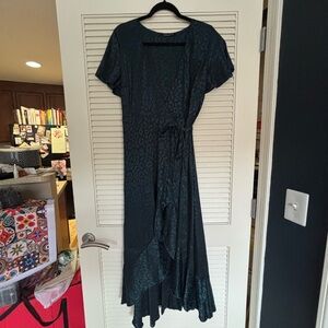 Dark Green Leopard print midi wrap dress with ruffle detail and flutter sleeves